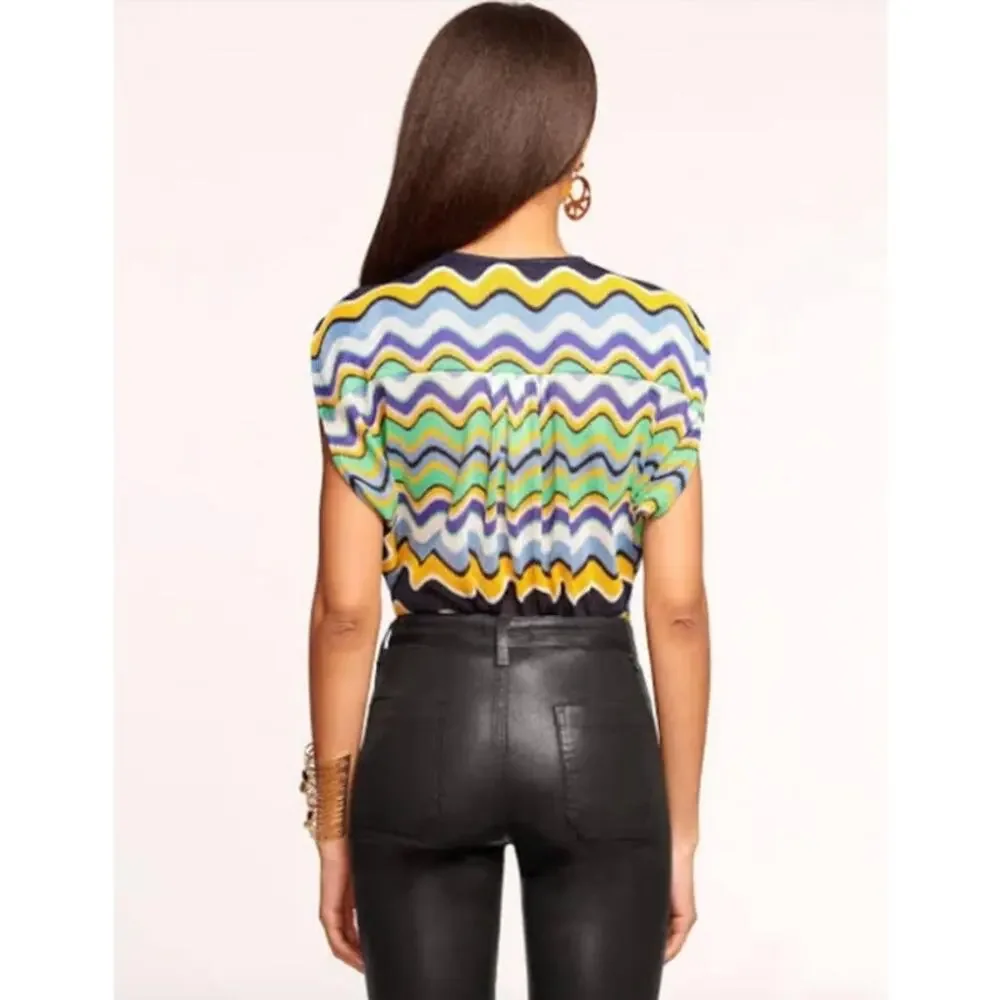 RAMY BROOK Top NEW Size XXS Myra Wave Blouse $325 Blue Yellow Green - Picture 2 of 8